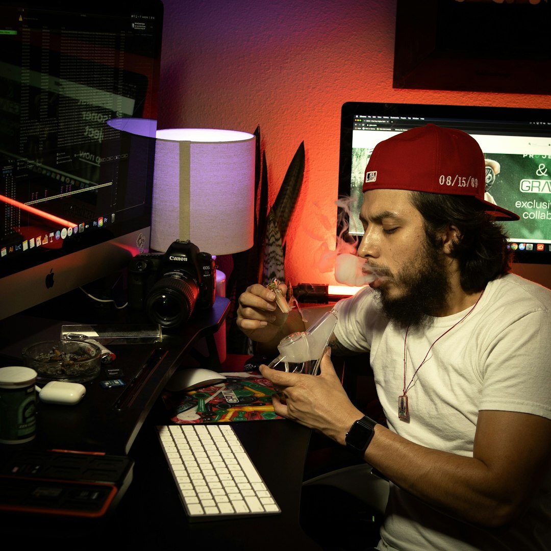 Content creator streaming live with headphones and microphone